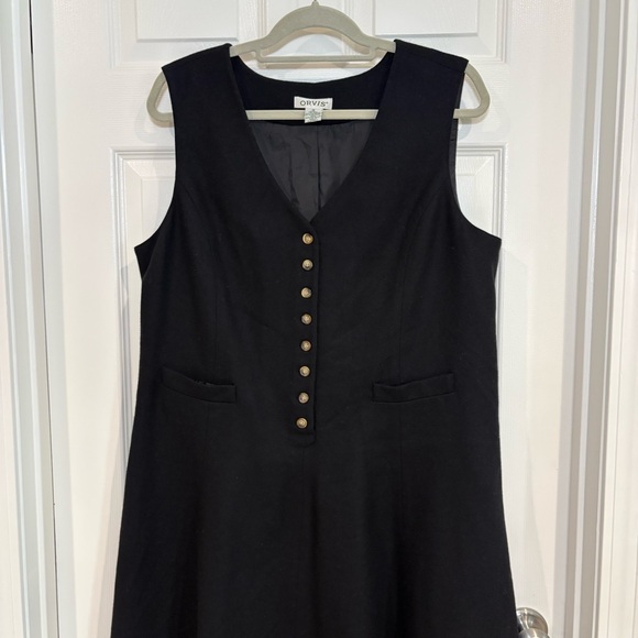 Orvis Black Fit & Flare V-Neck Button Up Sleeveless Wool Dress Jumper Sz 16 VTG - Picture 6 of 14